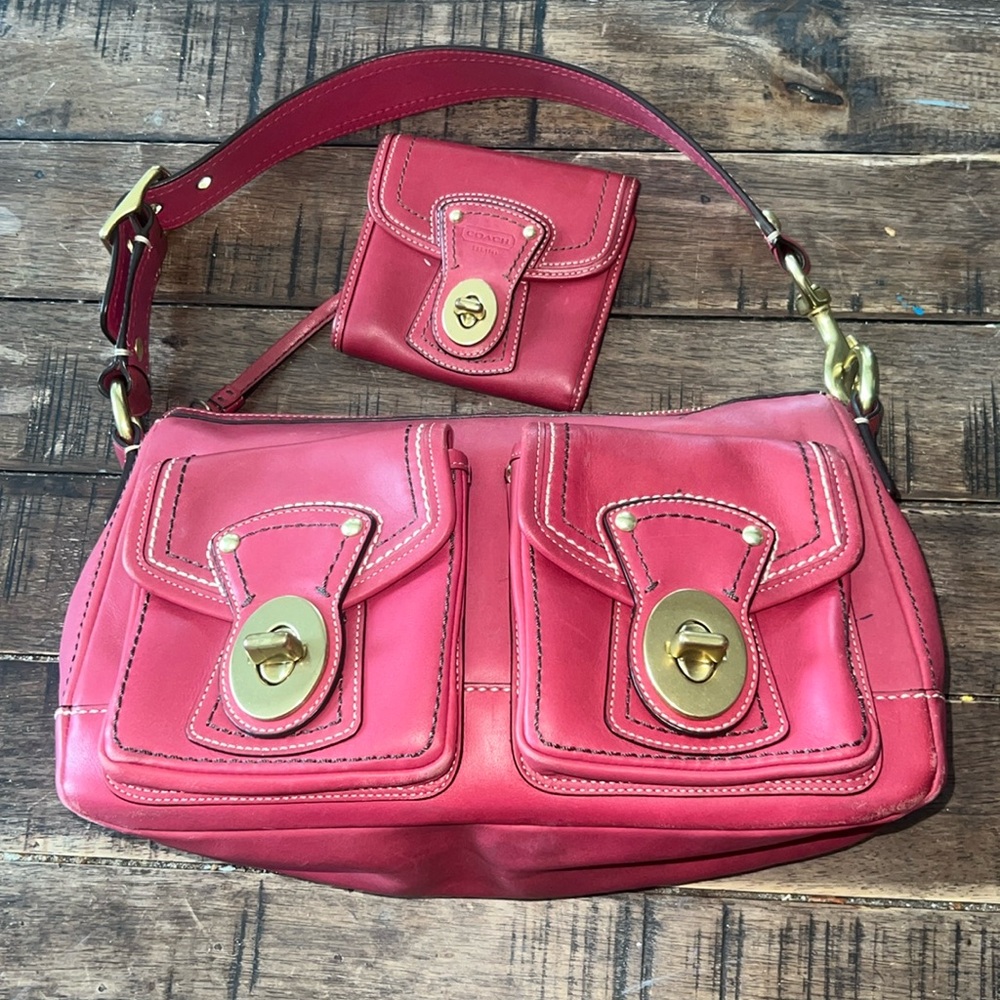 💕 Y2K Coach Raspberry 65th Anniversary Leather Legacy Shoulder Bag & Wallet Set